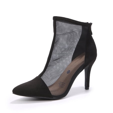 Penny Sue Pennysue Women's Sexy Mesh Heeled Boots Pointed Toe Stiletto Heels Sandals Dressy Ankle Boots for Dressy Party Black 8M