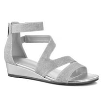 Pennysue Women's Silver Glitter Open Toe Shoes Ankle Strap Low Wedge Sandals 6M