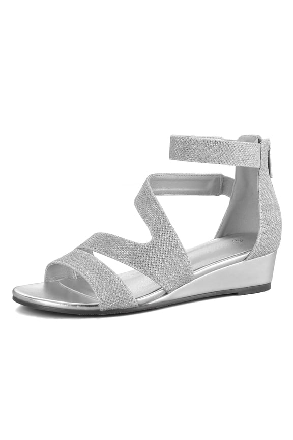 Pennysue Women's Silver Glitter Open Toe Shoes Ankle Strap Low Wedge Sandals 7M