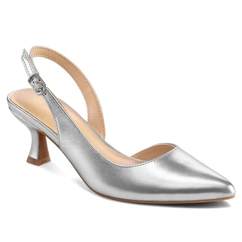 Women's Slingback Heels Metal Silver Kitten Pointed Toe Heels Dress Pumps Comfortable Wedding Party Shoes 8M