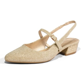 Pennysue Women's Slingback Sandals Gold Glitter Low Block Heel Mary Jane Pumps 7M