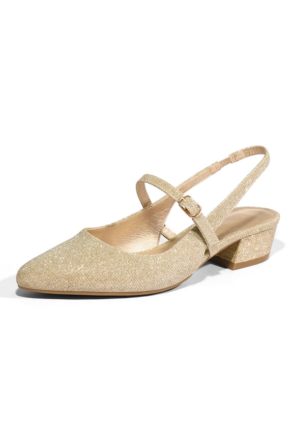 Pennysue Women's Slingback Sandals Gold Glitter Low Block Heel Mary Jane Pumps 9M