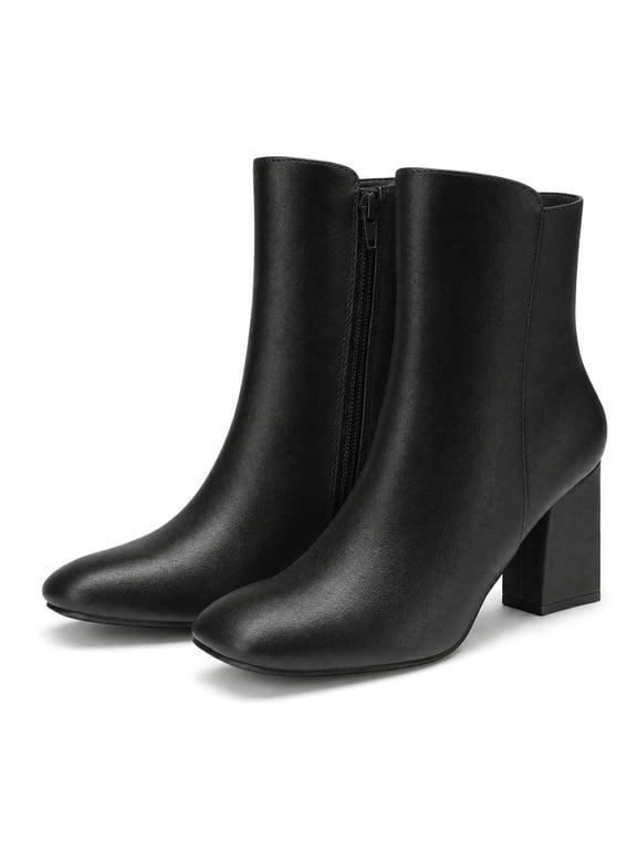 Pennysue Women's Mid Calf Boots Square Toe Black Chunky Block Heel Ankle Booties Side Zipper Size 7M