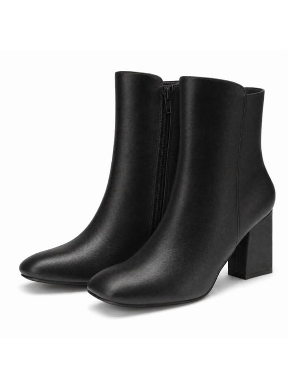 Pennysue Women's Mid Calf Boots Square Toe Black Chunky Block Heel Ankle Booties Side Zipper Size 9.5M