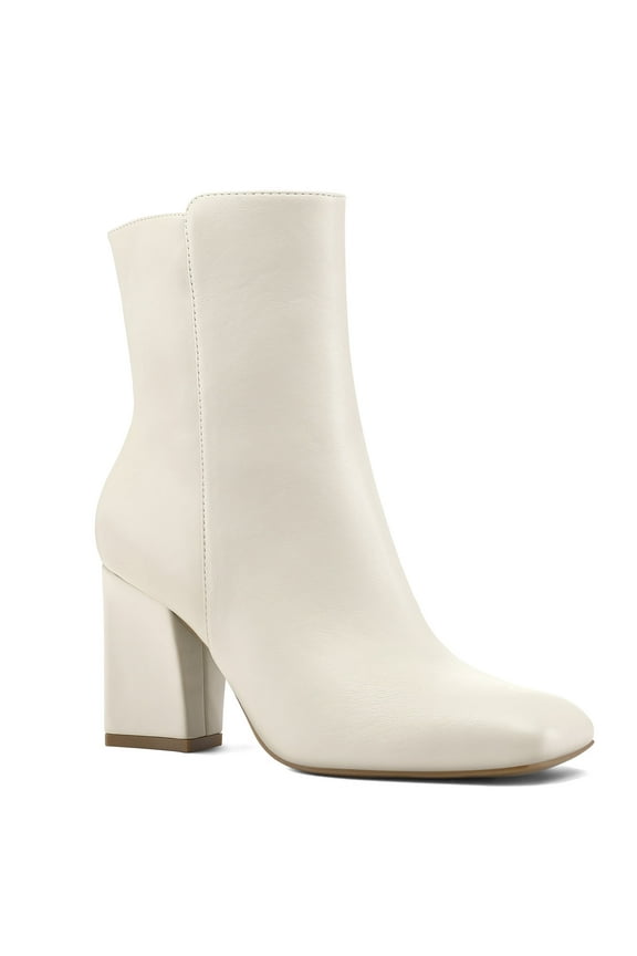Pennysue Women's Square Toe Mid Calf Boots White Chunky Block Heel Ankle Booties Side Zipper Size 6M