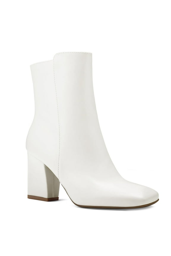 Pennysue Women's Square Toe Mid Calf Boots White Chunky Block Heel Ankle Booties Side Zipper Size 8M