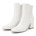 thumbnail image 1 of Pennysue Women's Square Toe Mid Calf Boots White Chunky Block Heel Ankle Booties Side Zipper Size 8M, 1 of 7