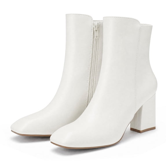 Pennysue Women's Square Toe Mid Calf Boots White Chunky Block Heel Ankle Booties Side Zipper Size 8M