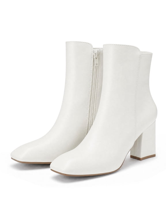 Pennysue Women's Square Toe Mid Calf Boots White Chunky Block Heel Ankle Booties Side Zipper Size 8M