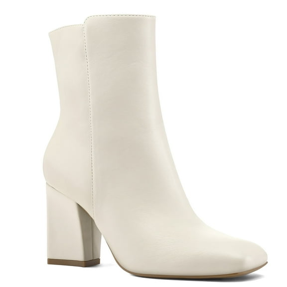 Pennysue Women's Square Toe Mid Calf Boots White Chunky Block Heel Ankle Booties Side Zipper Size 9.5M