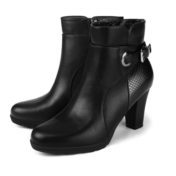 Pennysue Women's Thin Chunky Heel Ankle Booties Black Pu Zipper Short Boots For Women Size 7.5