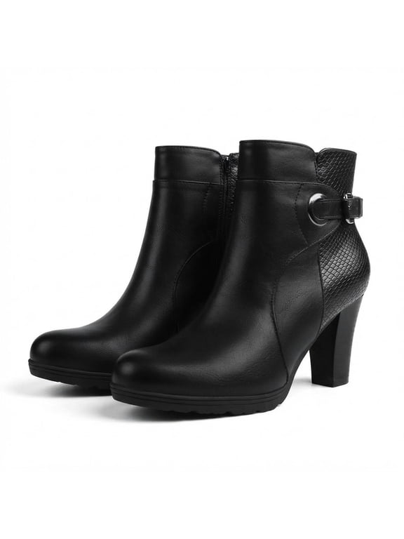 Pennysue Women's Thin Chunky Heel Ankle Booties Black Pu Zipper Short Boots For Women Size 8