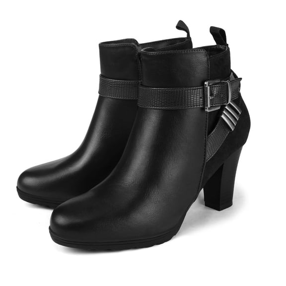 Pennysue Women's Thin Chunky Heel Ankle Booties Black Buckle Zipper Short Boots For Women Size 9