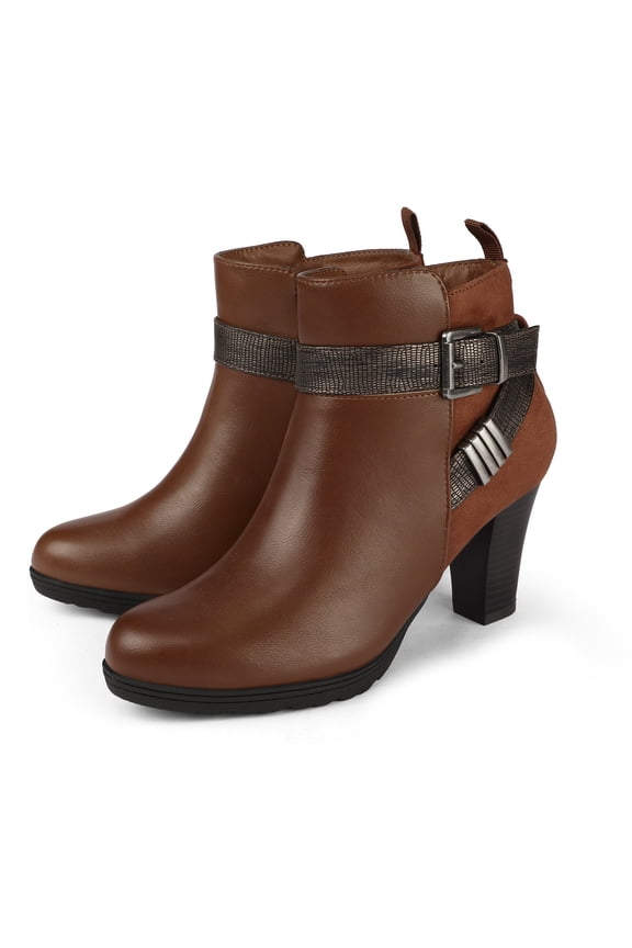 Pennysue Women's Thin Chunky Heel Ankle Booties Brown Zipper Short Boots For Women Size 7.5