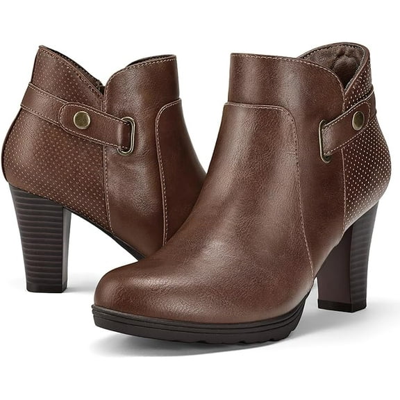 Pennysue Women's Thin Chunky Heel Ankle Booties Dark Brown Zipper Short Boots For Women Size 9.5