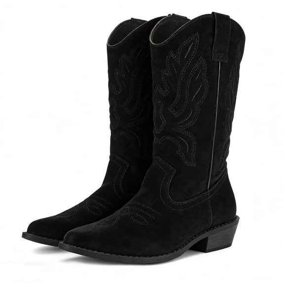 Pennysue Women's Western Cowboy Boots Black Mid-Calf Pointed Toe Boots for Dancing Wedding Traveling Daily Outfits 8M