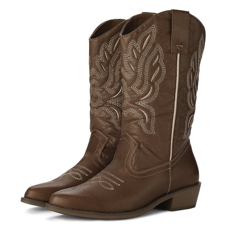 Pennysue Women's Western Cowboy Boots Brown Mid-Calf Pointed Toe Boots for Dancing Wedding Traveling Daily Outfits 8M