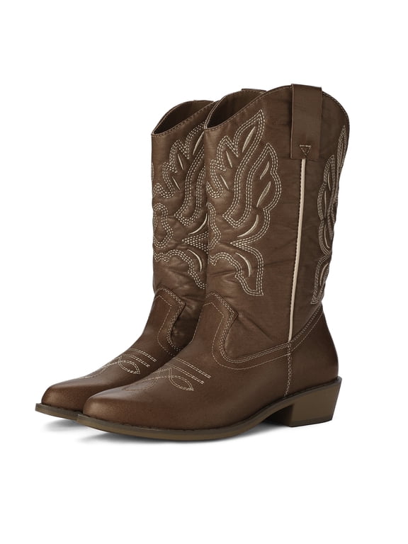 Pennysue Women's Western Cowboy Boots Brown Mid-Calf Pointed Toe Boots for Dancing Wedding Traveling Daily Outfits 8M