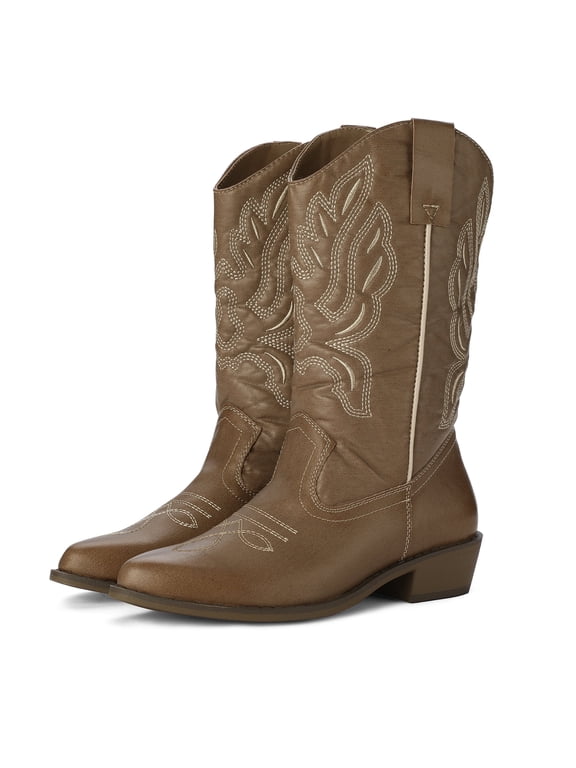 Pennysue Women's Western Cowboy Boots Light Brown Mid-Calf Pointed Toe Boots for Dancing Wedding Traveling Daily Outfits 11M