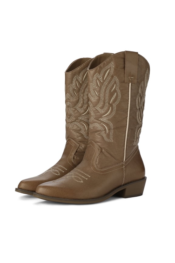 Pennysue Women's Western Cowboy Boots Light Brown Mid-Calf Pointed Toe Boots for Dancing Wedding Traveling Daily Outfits 7M