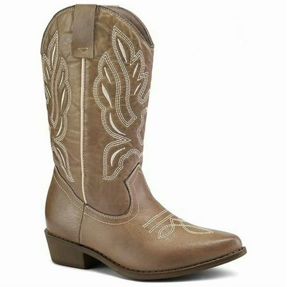 Pennysue Women's Western Cowboy Boots Light Brown Mid-Calf Pointed Toe Booties For Girl 8.5M
