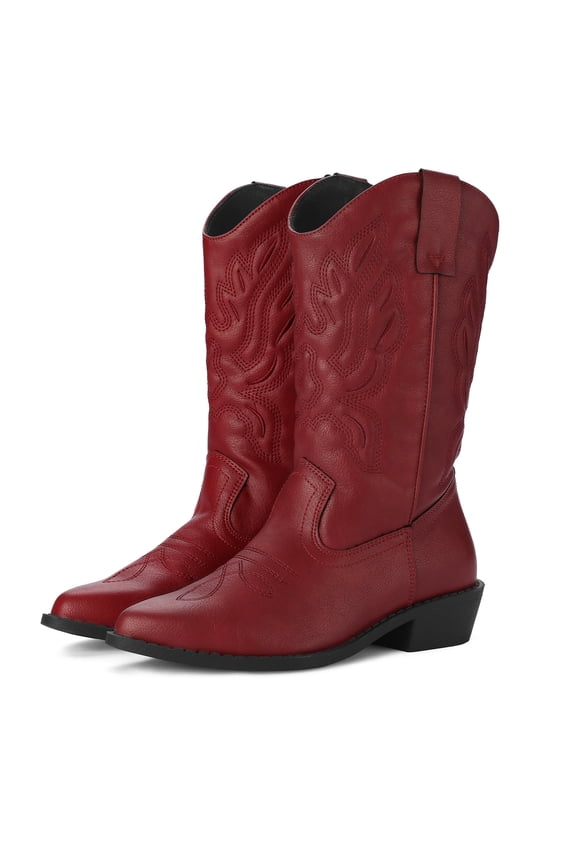 Pennysue Women's Western Cowboy Boots Red Brown Mid-Calf Pointed Toe Booties For Girl 9.5M