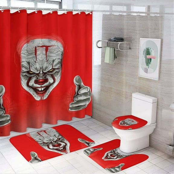 IT Pennywise 4 Piece Shower Curtain Set with Non-Slip Rugs, Toilet Lid Cover and Bath Mat, Funny Bathroom Curtains Decor Set with Rugs and 12 Hooks, 72" x 72"