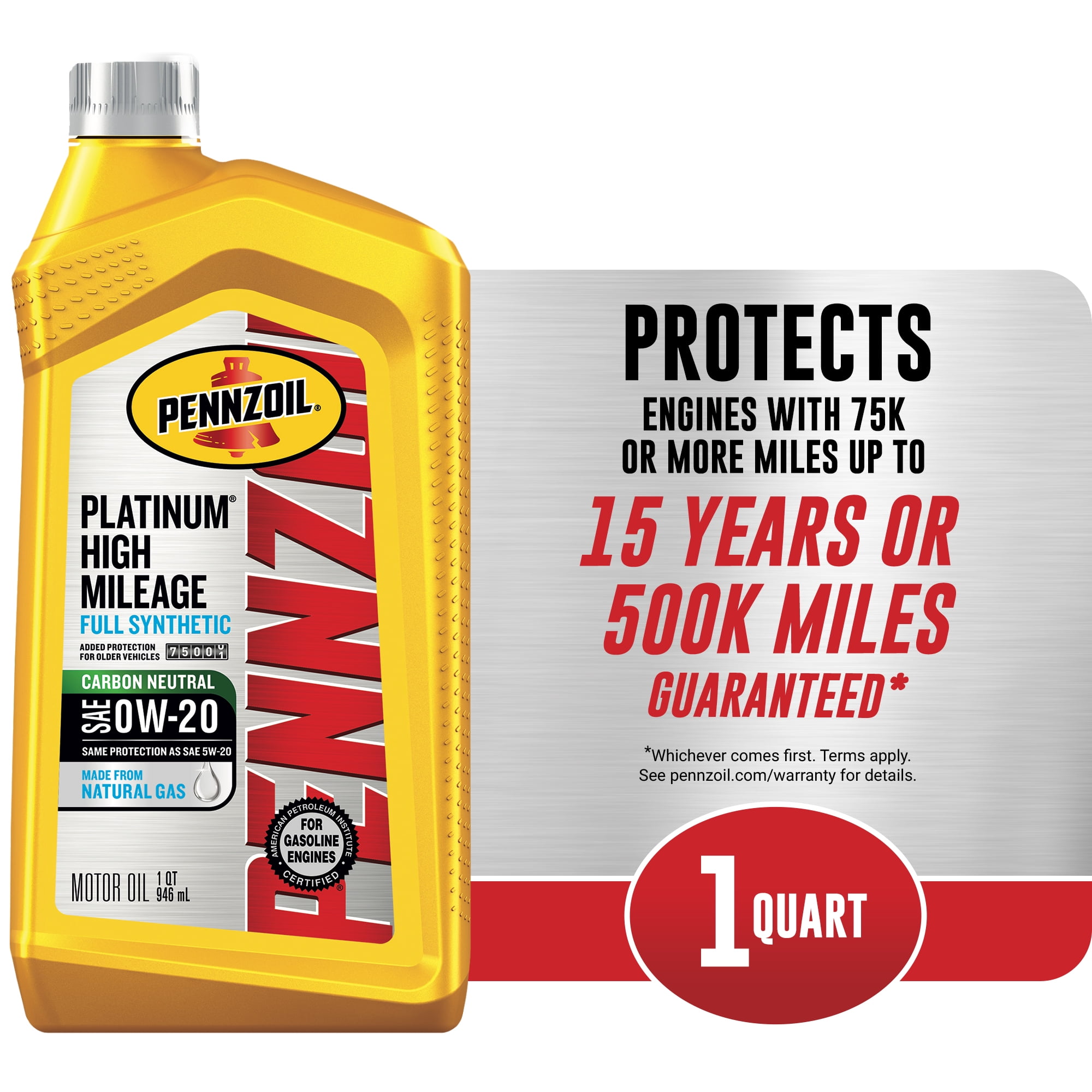 Pennzoil Platinum High Mileage Full Synthetic 0W-20 Motor Oil, 1