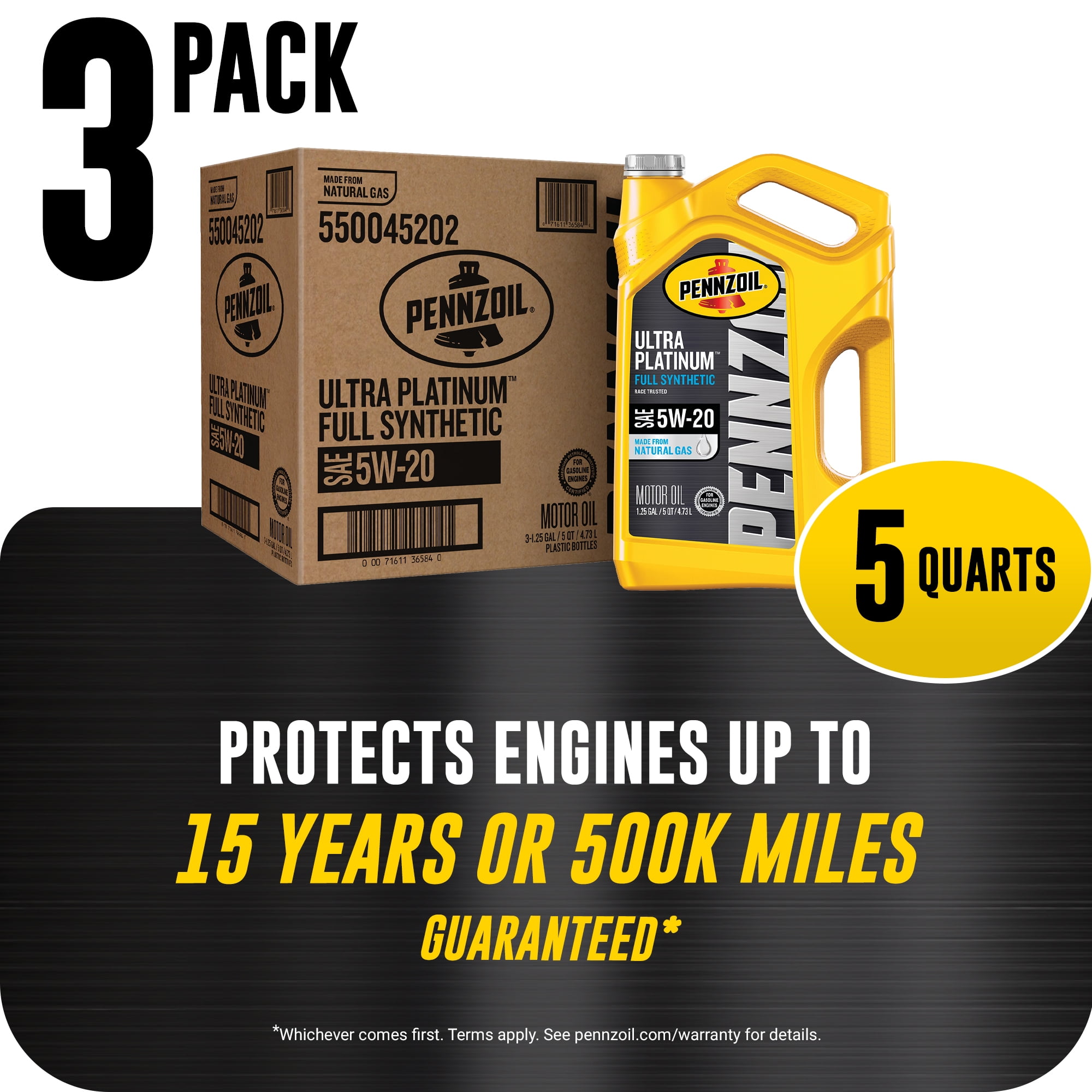 Pennzoil Ultra Platinum 5W-20 Full Synthetic Motor Oil, 5 Quart (3 Pack ...