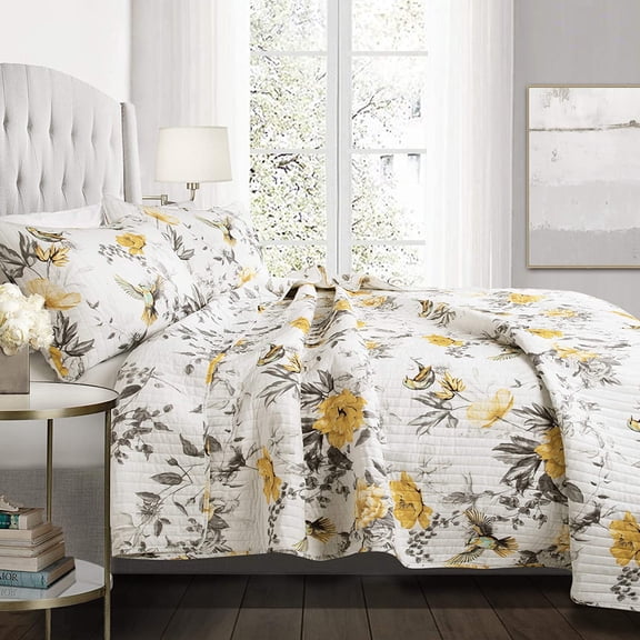 Penrose Floral 3 Piece Quilt Set, Full/Queen, Yellow & Gray