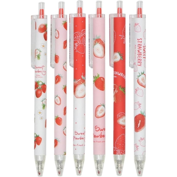 Pens 6-Pack Cute Strawberry Retractable Gel Pens, 0.5mm Fine Point Black Ink Pens for Journaling