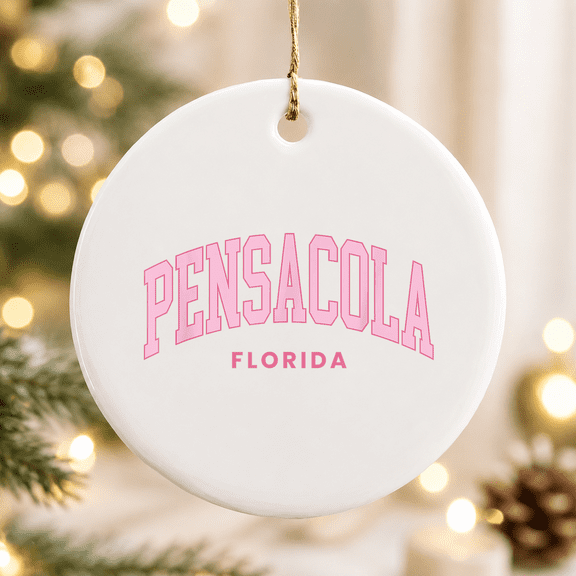 Pensacola Florida Retro Preppy Throwback Pink Christmas Ornament, Holiday Keepsake Gift, Ceramic Ornament
