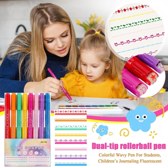 PensforJournaling, Highlighter Set, Pens Assorted Colors, Double Ended Roller, Curve Outline Marking, Journaling, Hearts Stars Dash, Bear Accents, 8 Pc Pack