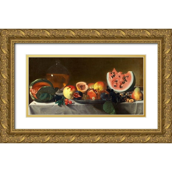 Pensionante del Saraceni 18x11 Gold Ornate Wood Framed with Double Matting Museum Art Print Titled - Still Life with Fruit and Carafe