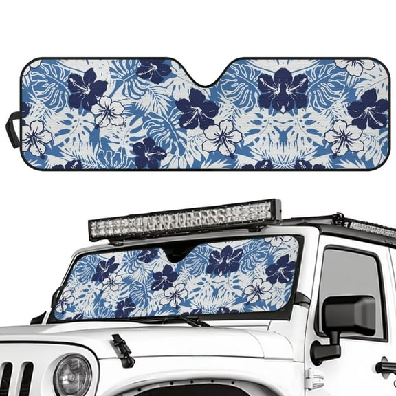 Uorisanigo Windshield Sun Shade Compatible with 2018-2025 Jeep Wrangler JL & 2/4 Door 4XE & 2020-2025 Jeep Gladiator JT 16.14"x52.95" Front Window Sun Shade for Accessories (Blue Hibiscus Flowers)