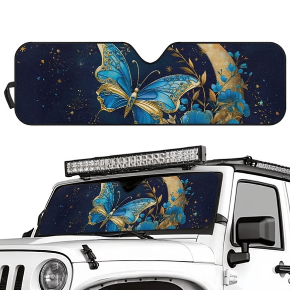 Uorisanigo Windshield Sunshade Blue Butterfly Moon Front Window Sun Shade for JK JKU TJ 2 Door / 4 Door Foldable Sunvisor Reflective Polyester Blocks Heat and Sun Protection for Car Interior