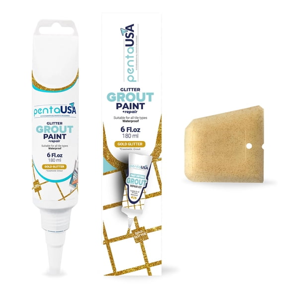 PentaUSA Tile Grout - Glitter Grout Tube, 6 Fl Oz Glitter Fast Drying Grout Paint, Shiny Grout Repair Kit - Renew Grout Lines in Bathroom, Kitchen, Countertops (180 ml, 6 Fl Oz) (Gold) C31