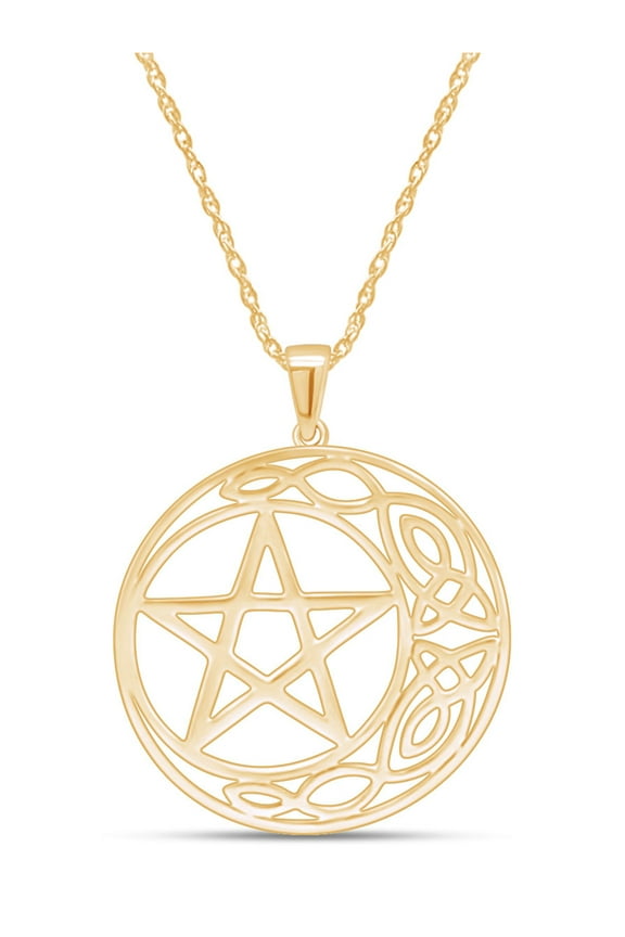 Pentacle Circle Celtic Knot Star Pendant Necklace In 14K Yellow Gold Over Sterling Silver Along With 18" Rope Chain
