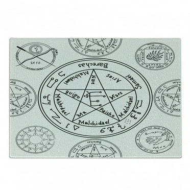 Pentacle Cutting Board, Occult Style Concept Black and White Geometric Forms and Texts, Decorative Tempered Glass Cutting and Serving Board, Small Size, Black and White, by Ambesonne