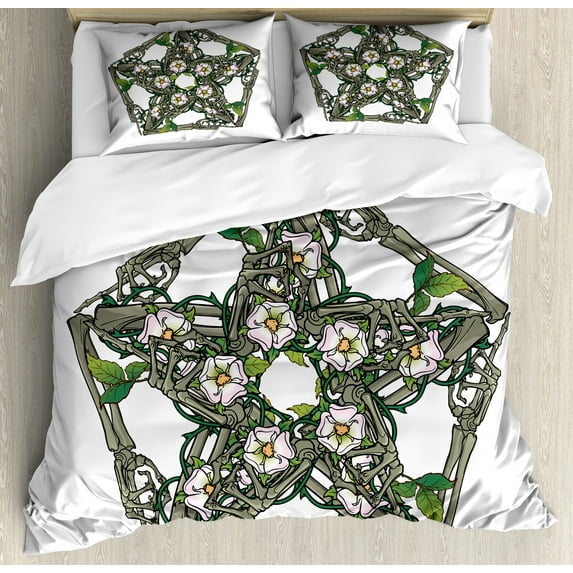 Pentacle Duvet Cover Set, Halloween Themed Pentagram with Skeleton Bones and Dog-rose Flowers, Decorative 3 Piece Bedding Set with 2 Pillow Shams, Queen Size, Slate Brown Multicolor, by Ambesonne