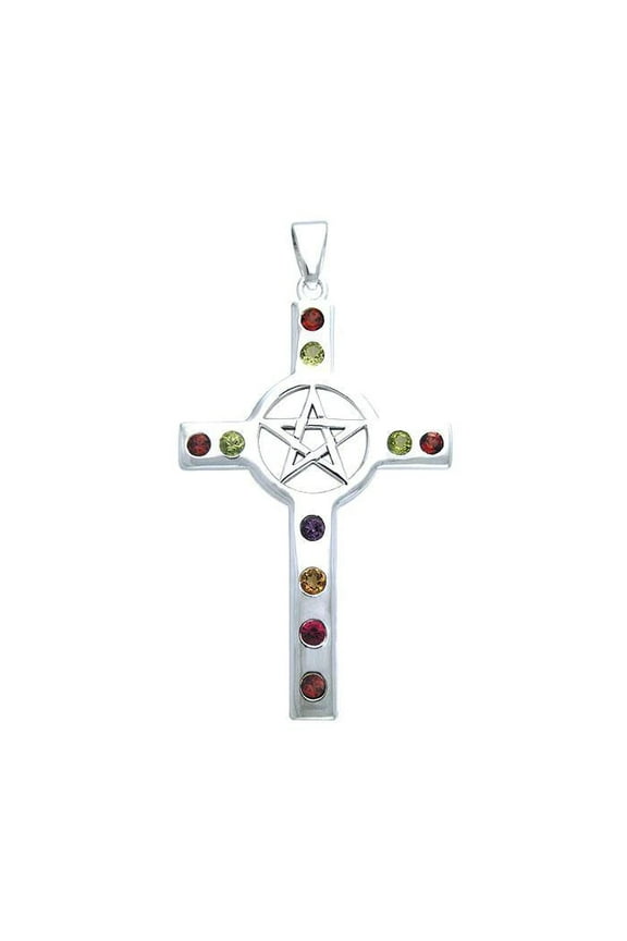 Pentacle Mixed Gemstone Cross 925 Sterling Silver Pendant Pagan Wiccan Jewelry