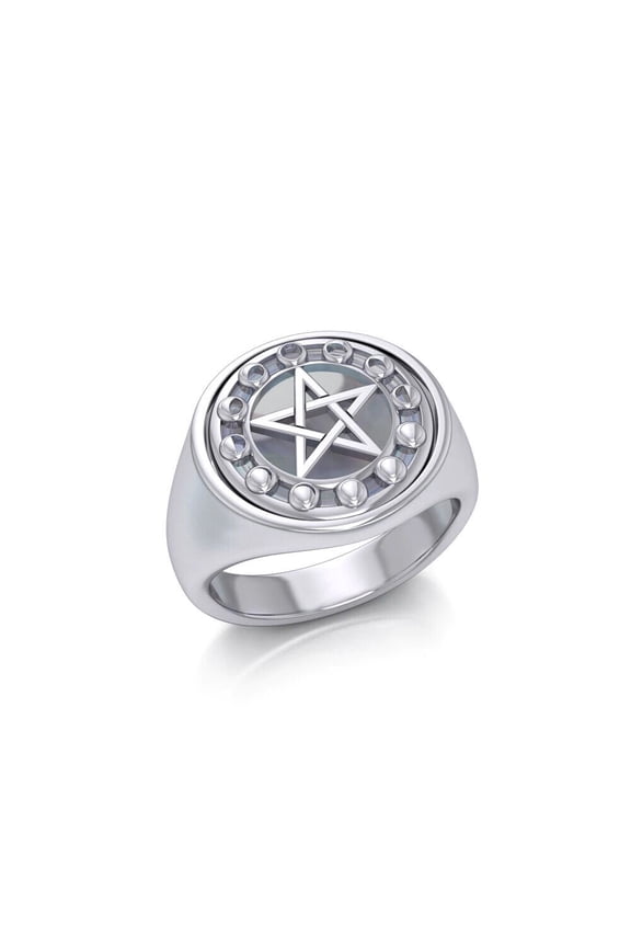 Pentacle Moon Phase Flip Ring 925 Sterling Silver Rainbow Moonstone Fine Jewelry