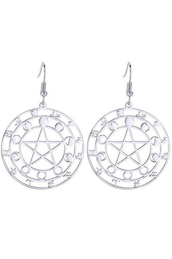 Pentacle Moon Phase Zodiac Earrings Womens 316L Stainless Steel Astrology Dangles Fantasy Forge Jewelry