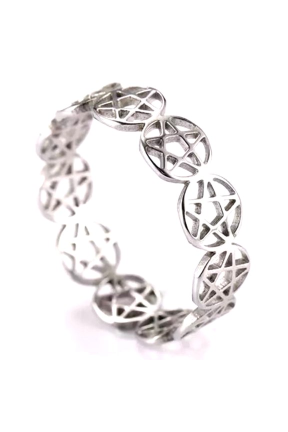 Pentacle Ring Silver 316L Stainless Steel Wicca Pagan Protection Star Band Womens Fantasy Forge Jewelry