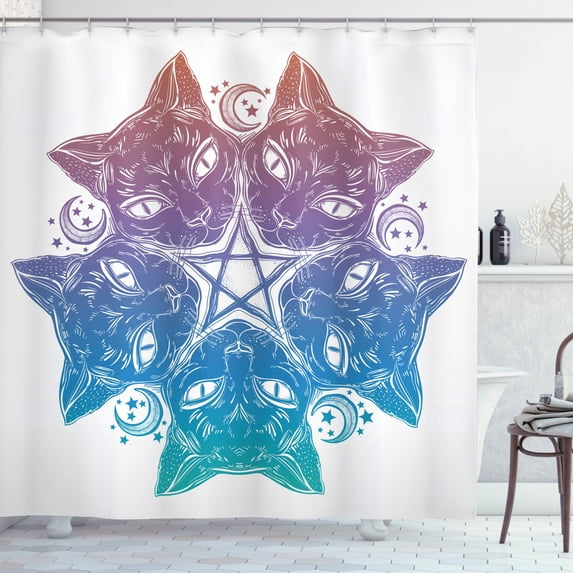 Pentacle Shower Curtain, Heads of Black Cats Forming a Mandala Design with Crescent Moon Pentagram Star, Fabric Bathroom Set with Hooks, 69W X 84L Inches Extra Long, Multicolor, by Ambesonne