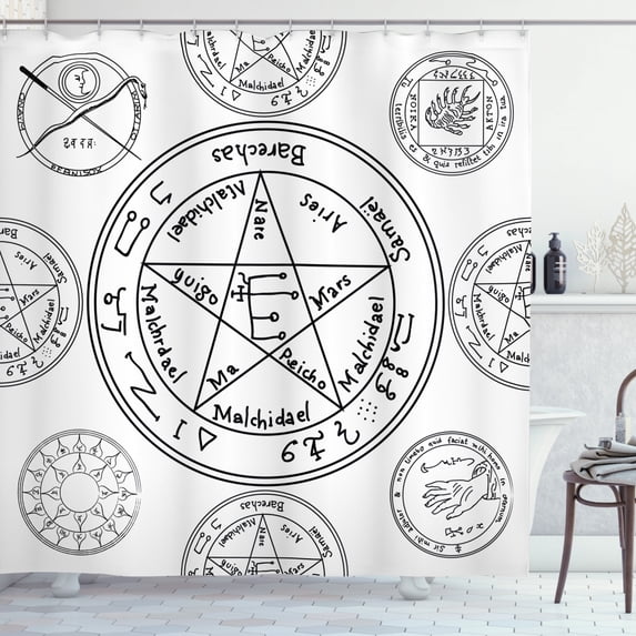 Pentacle Shower Curtain, Occult Style Concept Educational Black and White Geometric Forms and Texts, Fabric Bathroom Set with Hooks, 69W X 84L Inches Extra Long, Black and White, by Ambesonne