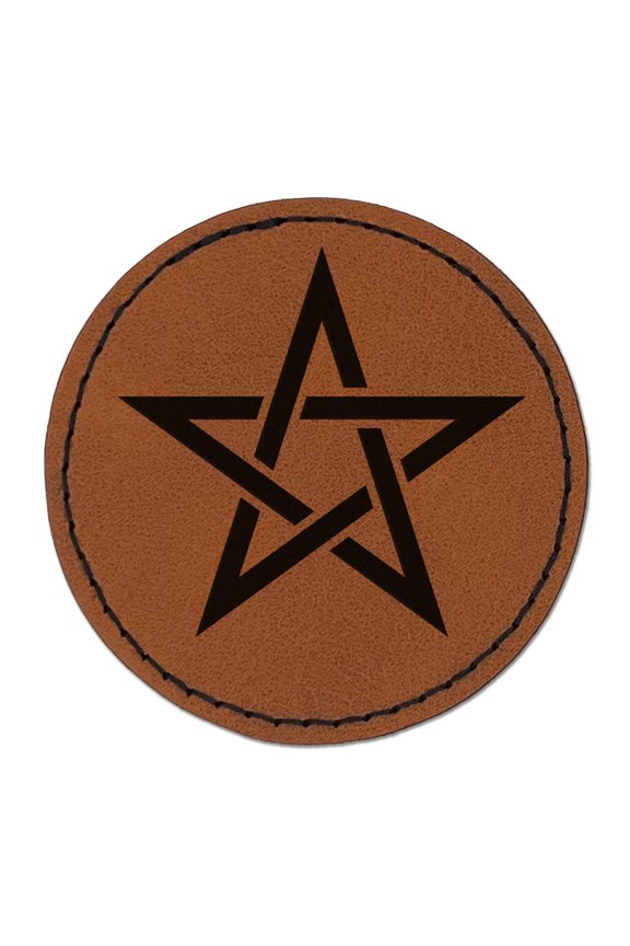 Pentacle Star Witch Wicca Occult 2.5" Faux Leather Round Engraved Iron-On Patch - Brown