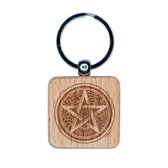 Pentacle Star of Elements Magical Talisman Symbol Square Keychain Charm Tag - Engraved Wood