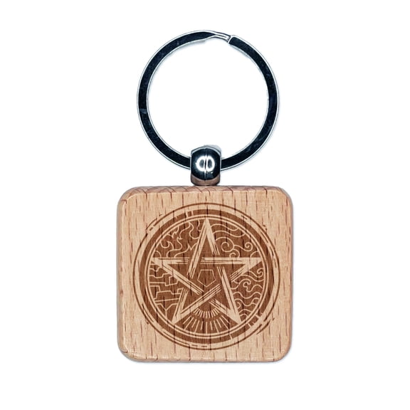 Pentacle Star of Elements Magical Talisman Symbol Square Keychain Charm Tag - Engraved Wood