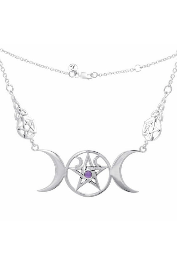 Pentacle Triple Moon Goddess Necklace Amethyst 925 Sterling Silver Fine Jewelry
